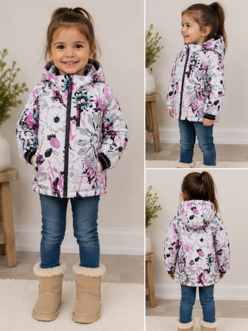 Kamik Girls Floral Winter Jacket Size 10 3M Scotchlite Hooded Fleece